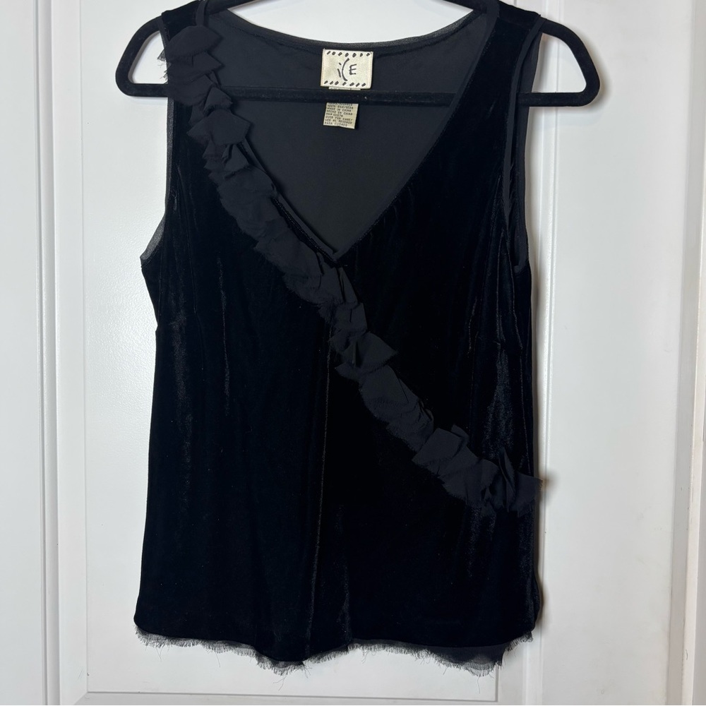 Vintage iCE black velvet top with silk ruffles and trim large